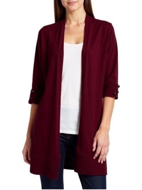 Cyrus Sweaters - Evolution by Cyrus Ribbed Cardigan XS Red Burgundy Open Front Knit Lightweight